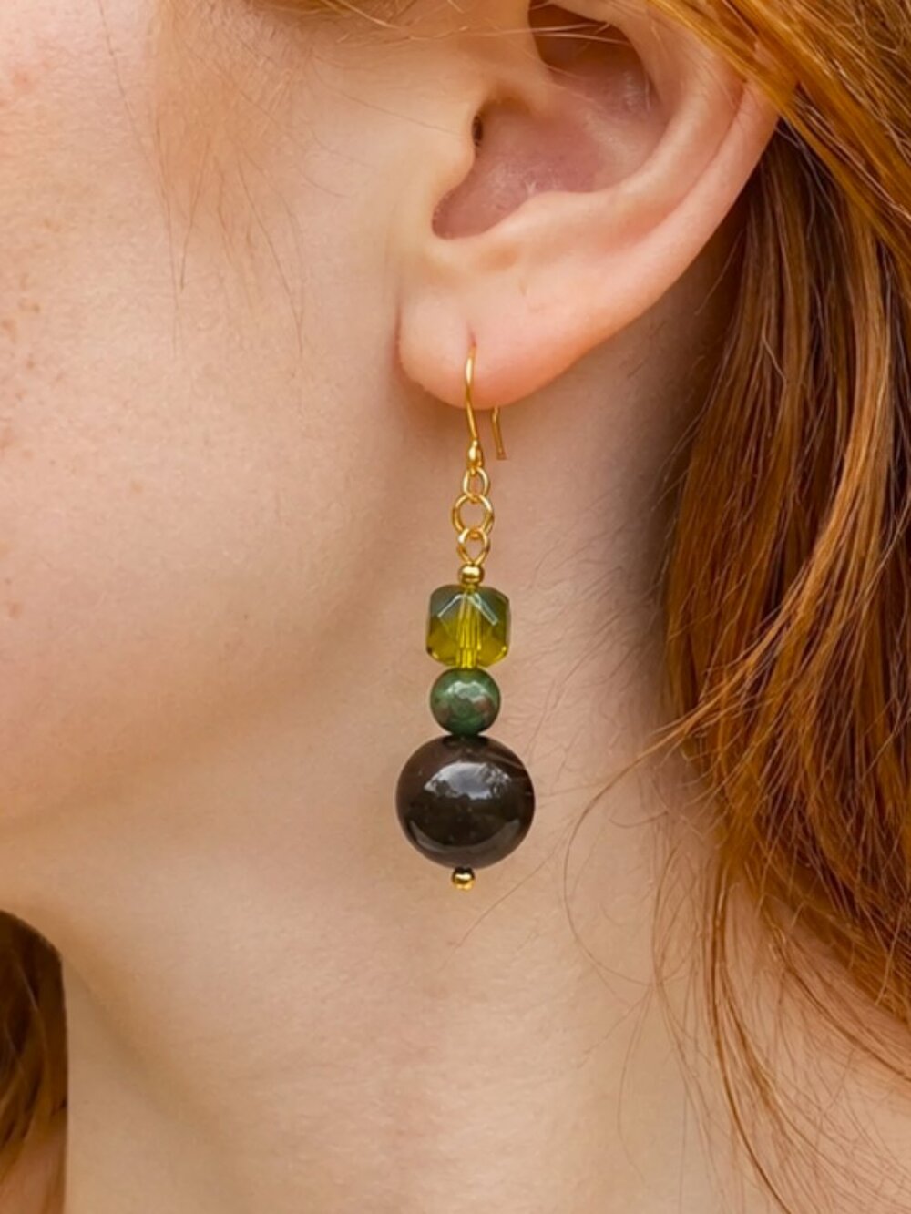 Ocean Jasper and Grossular Garnet Earrings, Iridescent Green Czech Glass